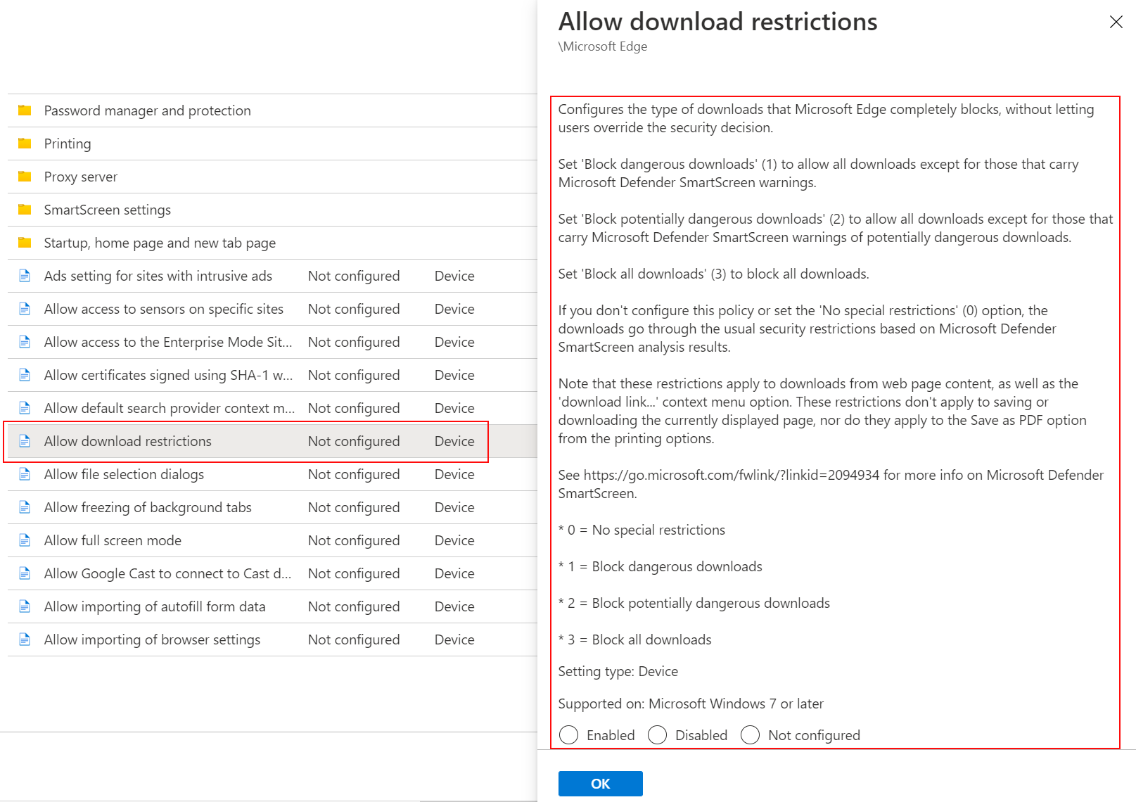 Screenshot of Select Microsoft Edge ADMX template and select a sample setting in Microsoft Intune and Intune admin center.