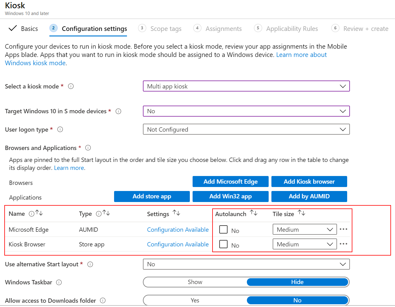 Automatically launch the app or browser, and select the tile size in a multi-app kiosk profile in Microsoft Intune.