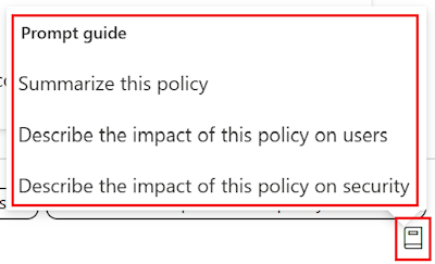 Screenshot that shows the Copilot policy prompt guide and a list of the available prompts in the Settings Catalog in Microsoft Intune and Intune admin center.