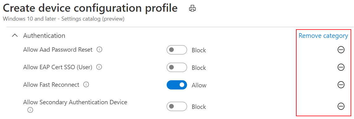 Screenshot that shows the Settings Catalog and that the default values in Microsoft Intune and Intune admin center are the same as the OS default values.
