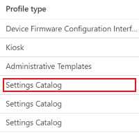 Screenshot that shows how to open the settings catalog in Microsoft Intune and Intune admin center.