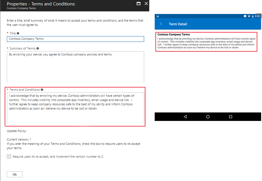 Example image of the drafted terms and conditions message in Intune and then what it looks like in Company Portal.