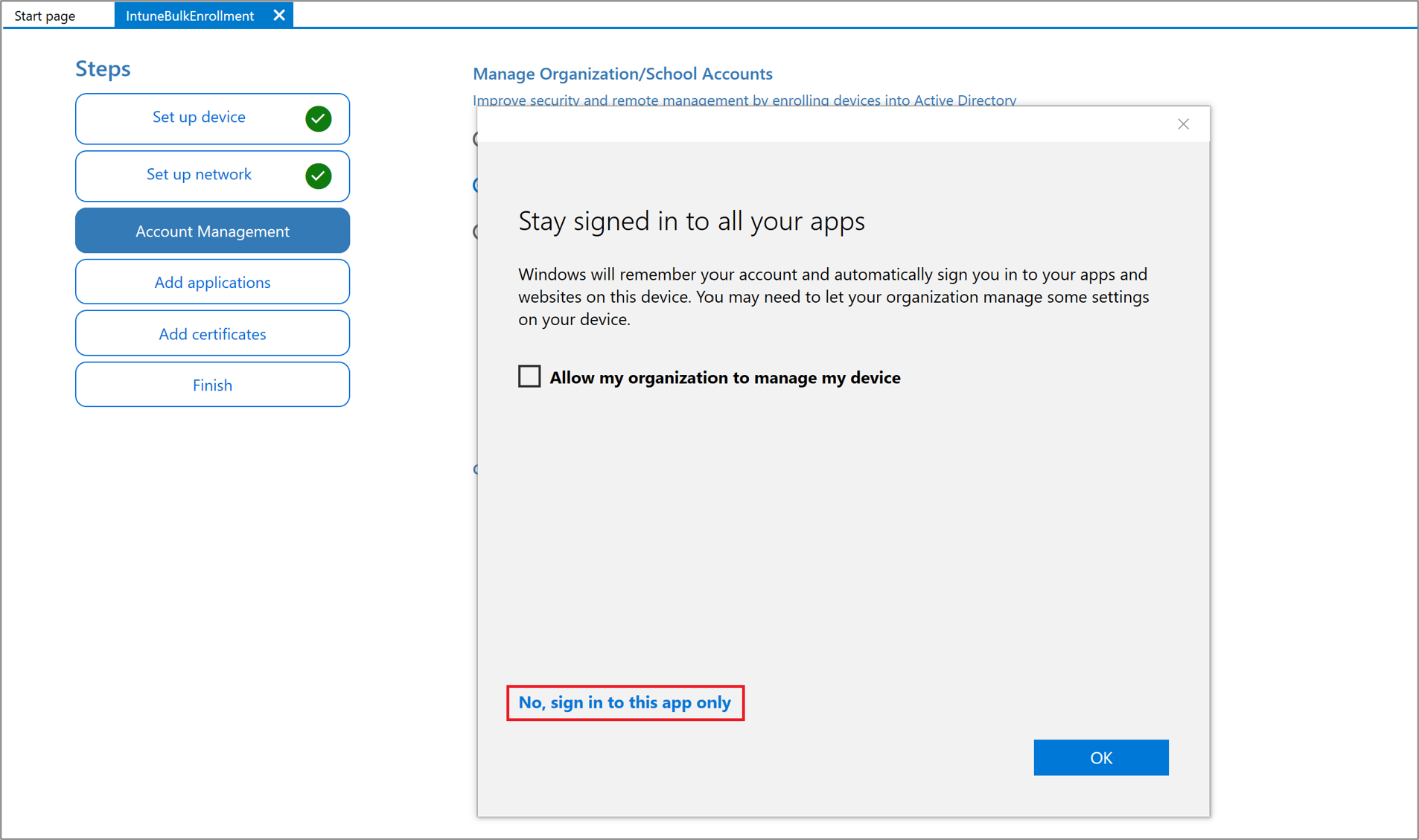 Screenshot of signing in to the Windows Configuration Designer app