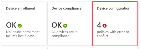 In the Dashboard, select policies with error or conflict to see any errors or conflicts with device configuration profiles in Microsoft Intune and Intune admin center.