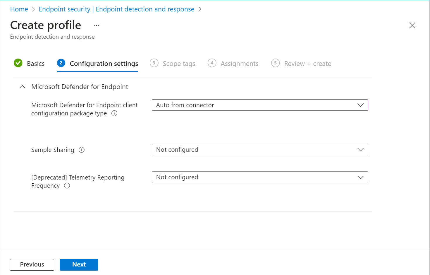Screen shot of the configuration options for Endpoint Detection and Response.