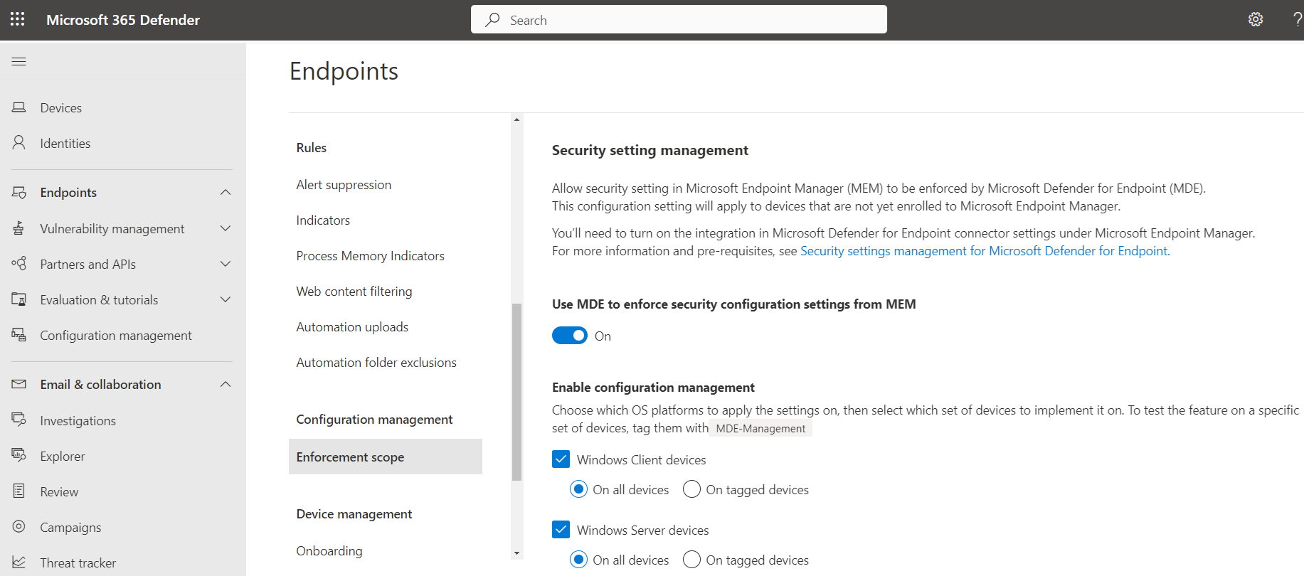 Enable Microsoft Defender for Endpoint settings management in the Microsoft 365 Defender portal.