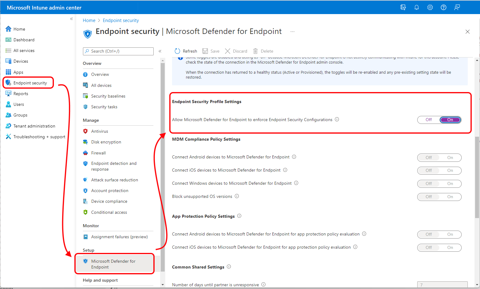 Enable Microsoft Defender for Endpoint settings management in the Microsoft Intune admin center.