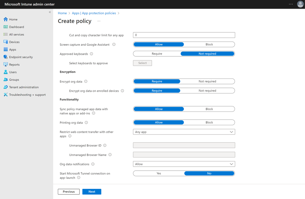 Screen shot of configuring an app protection policy setting for using Tunnel on app-launch.