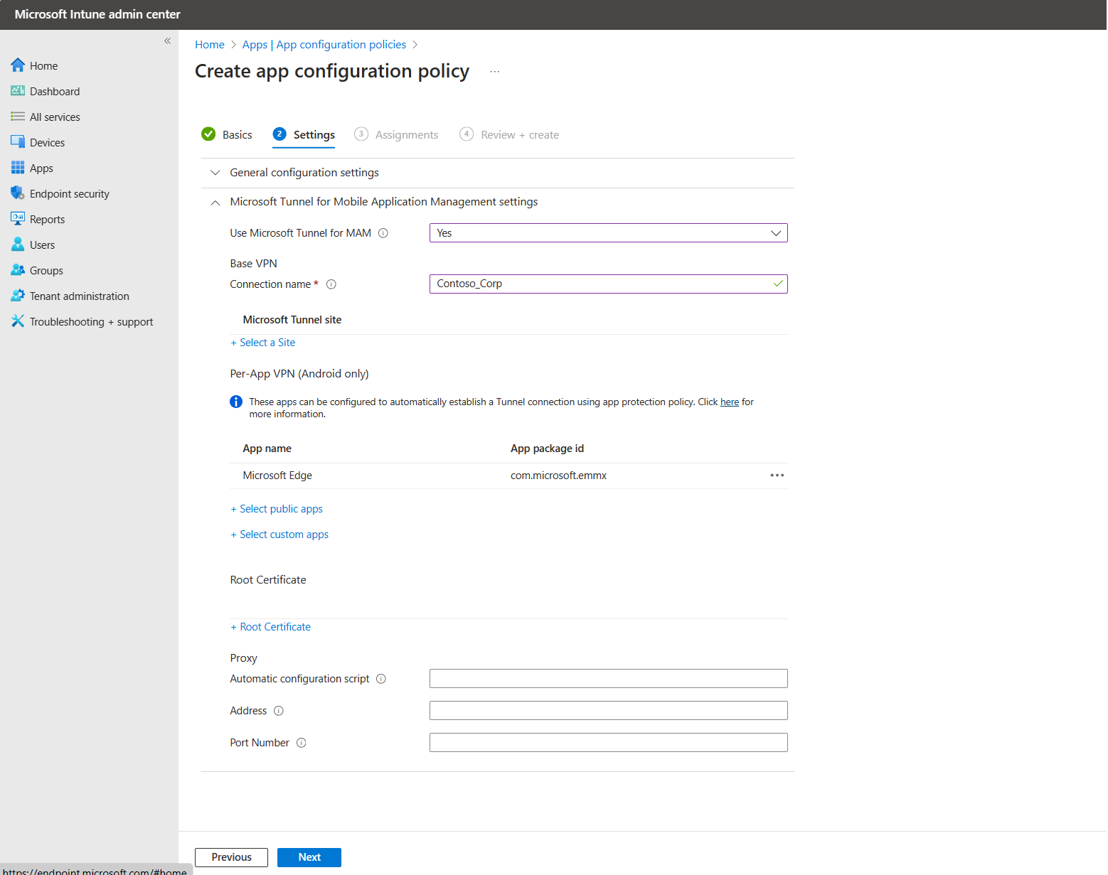 Screen shot of the per-app configuration configuration with Microsoft Edge added.