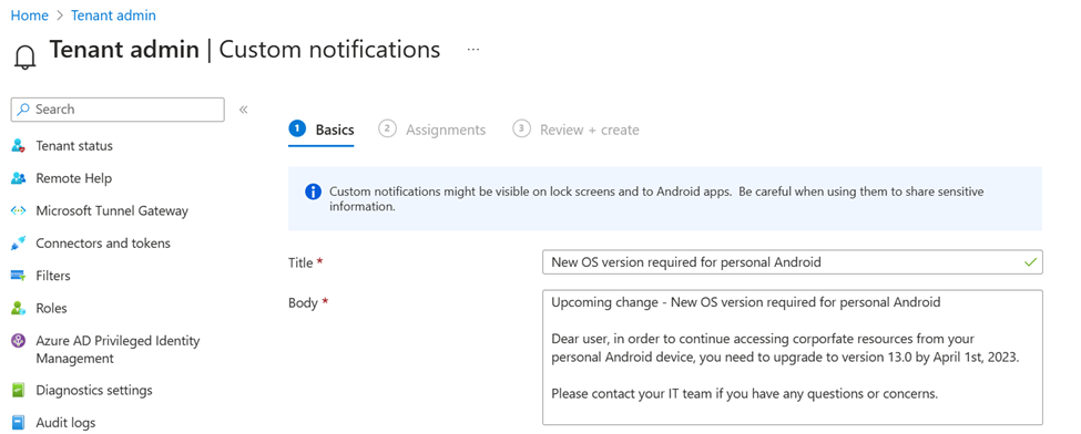 Screenshot that shows a custom notification message in the Microsoft Intune admin center.