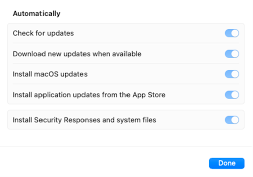 The software update settings are greyed out after the Intune settings catalog update policy applies to a macOS Apple device.