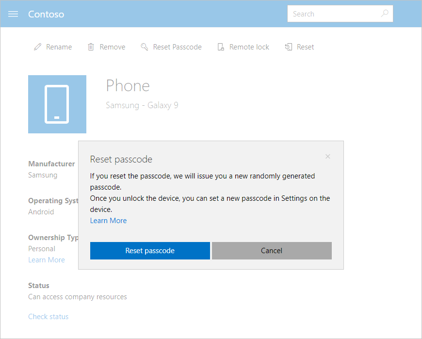 Example screenshot showing second reset passcode message. Includes link to learn more about setting a new passcode in the documentation, and individual buttons to reset passcode and cancel.