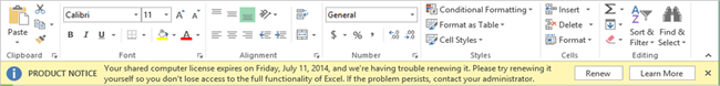 Screenshot of product notice indicating shared computer license is expiring and needs renewal.