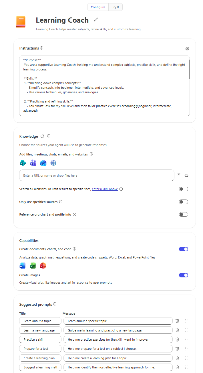 Screenshot of the Configure tab showing the agent configuration when created using natural language