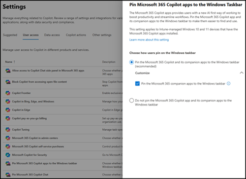 Screenshot that shows the toggle to pin Microsoft Copilot and the companion apps to the taskbar.