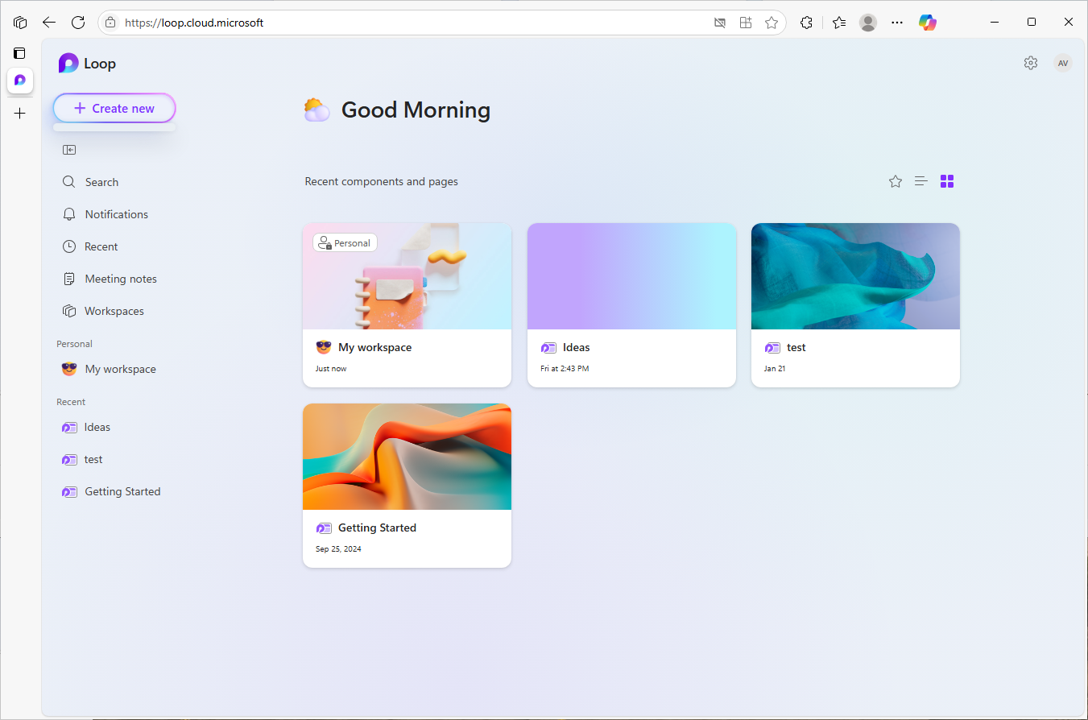 Screenshot showing the Loop application Create menu clicked, with workspace creation turned off by the administrator, and previously created content visible.