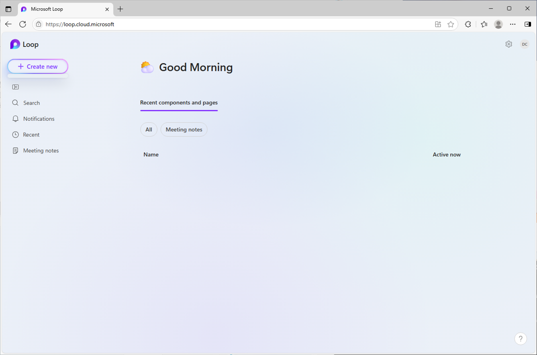 Screenshot showing the Loop application Create menu clicked, with workspace creation turned off by the administrator.
