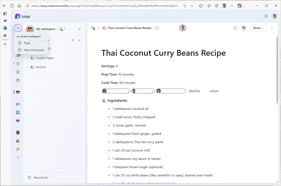 Screenshot showing the Loop application user interface for creating new components or workspaces.