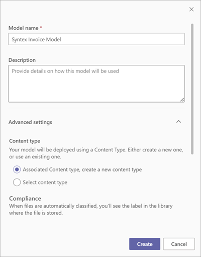 Screenshot of the Create a model panel.