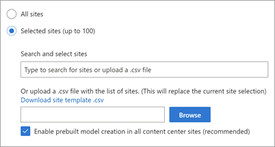 Screenshot of the site scoping settings showing the option to enable prebuilt model creation in the content center.