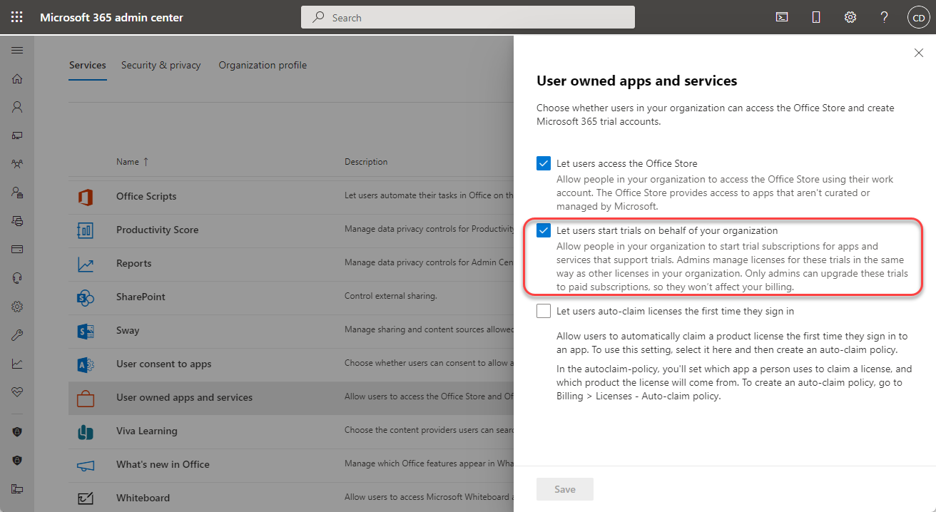 Screenshot of Microsoft Defender Vulnerability Management user trial setting.