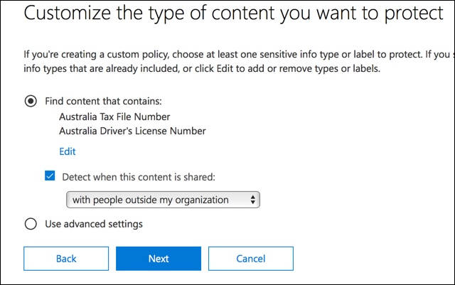 Options to customize the type of content to protect.