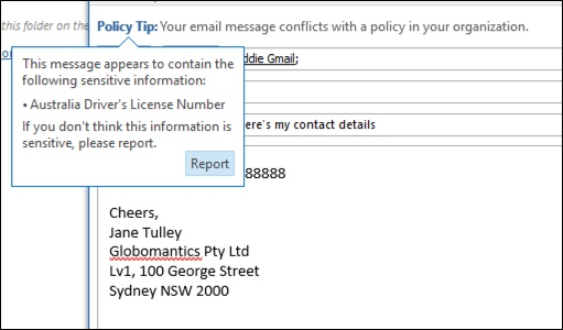 Option to report false positive in policy tip.