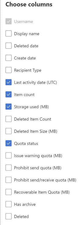 Mailbox usage report - choose columns.