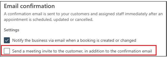 Screenshot of dialog box for Bookings email confirmation setting.