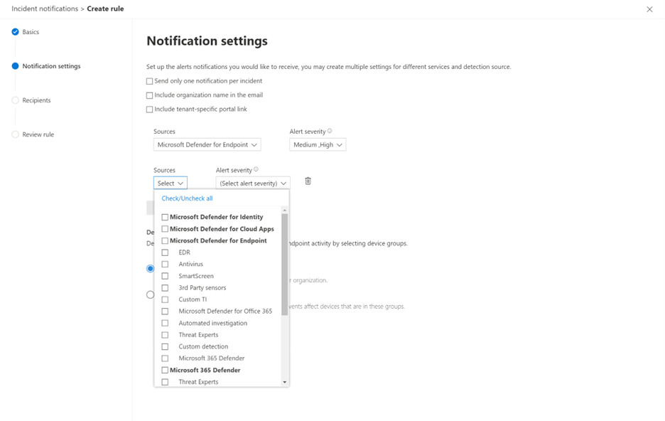 Screenshot of the Notification settings page for incident email notifications in the Microsoft 365 Defender portal.