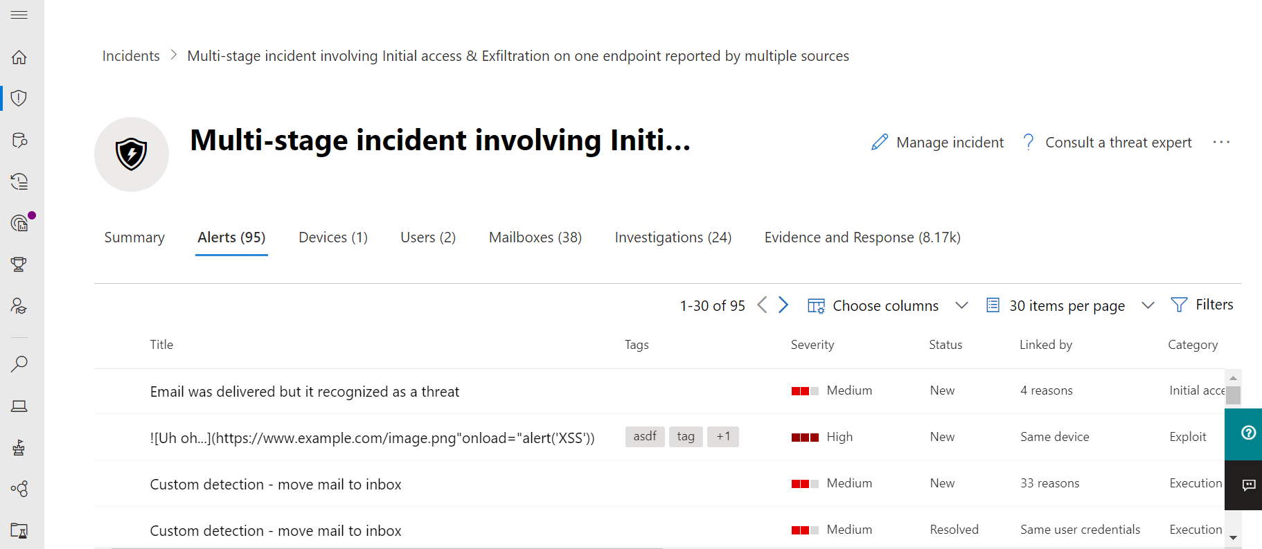 The list of alerts for an incident