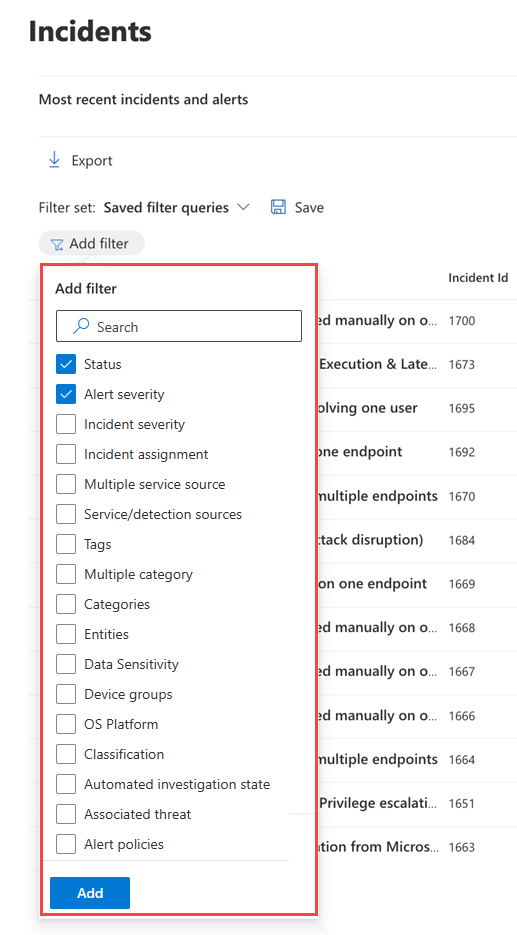 The Filters pane for the incident queue in the Microsoft Defender portal.
