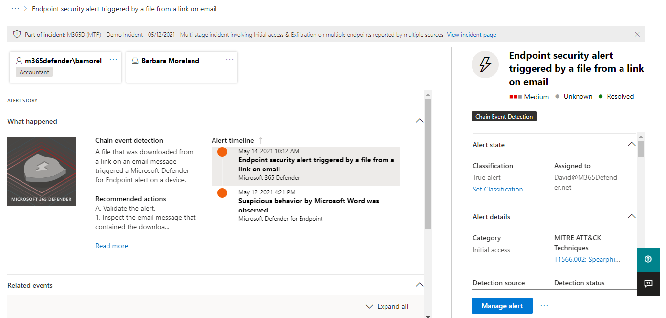 The details of an alert within an incident in the Microsoft Defender portal.