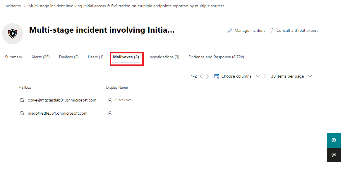The Mailboxes page for an incident in the Microsoft 365 Defender portal.
