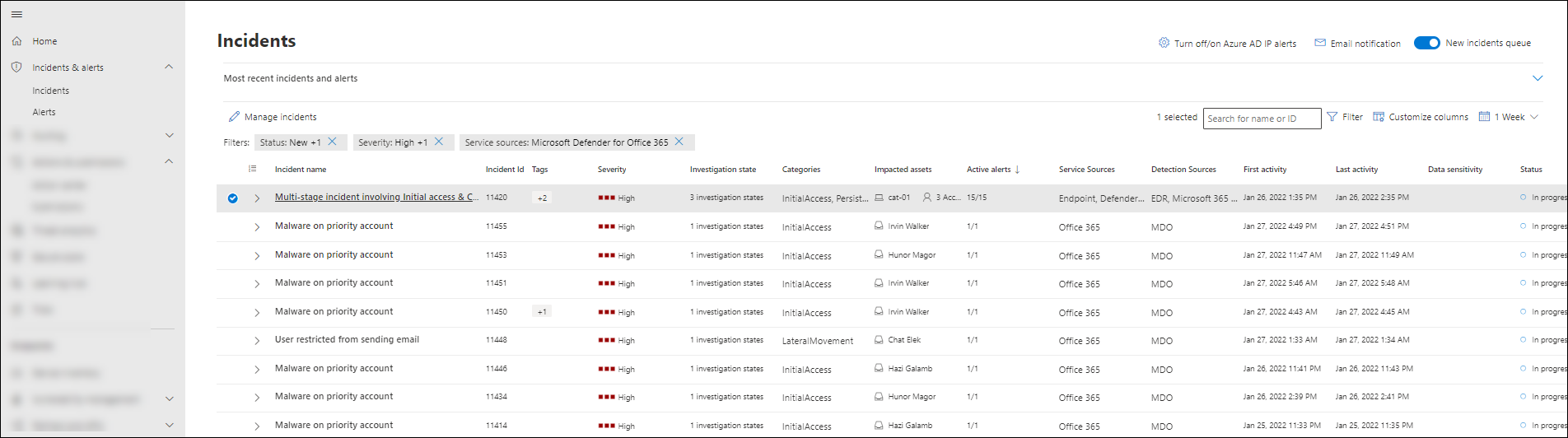 Incidents page in the Microsoft 365 Defender portal.