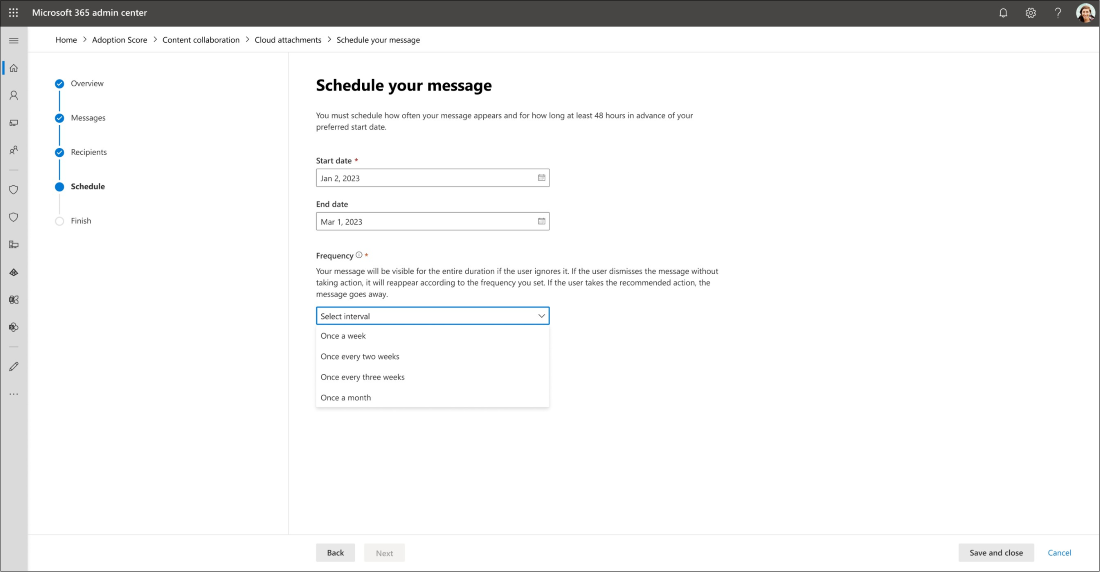 Screenshot: Schedule your message for Organizational Messages in Adoption Score.