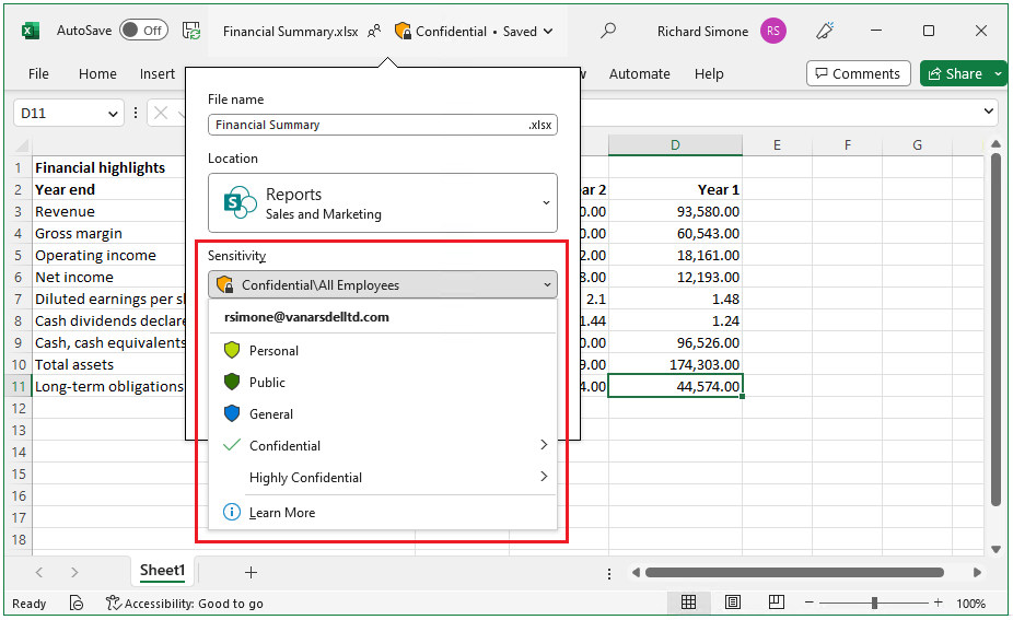 Sensitivity label on the Excel ribbon and status bar.