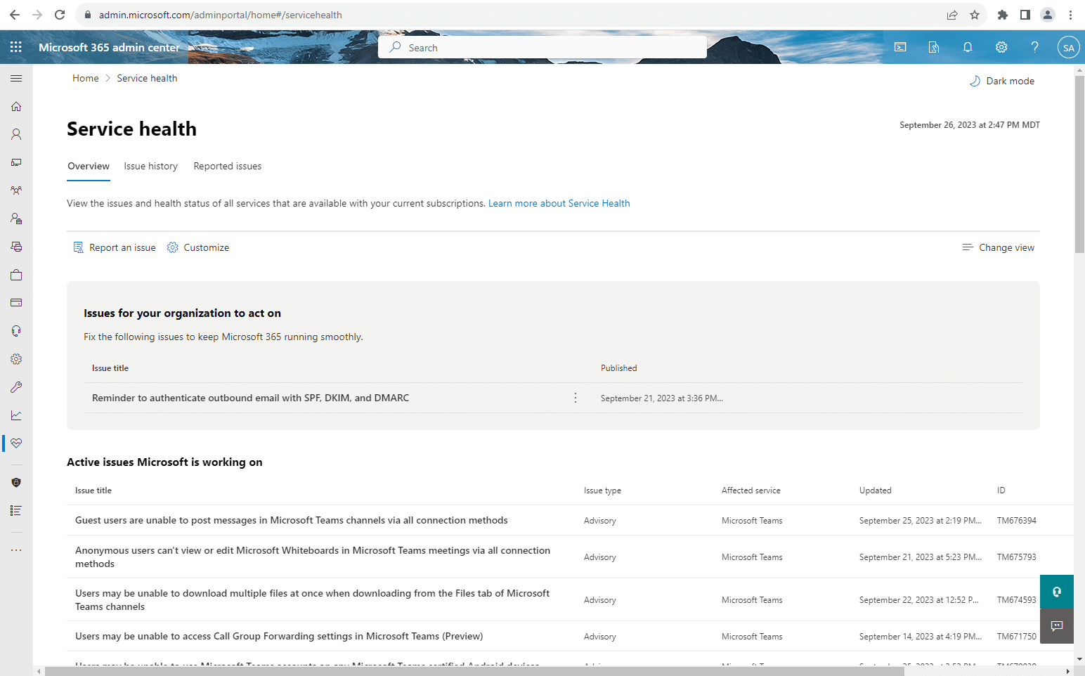 Screenshot: Page with view of current issues in service health