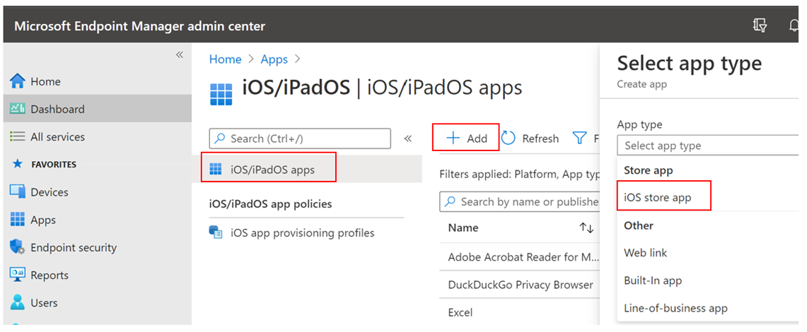 The Add applications tab in the Microsoft Intune admin center