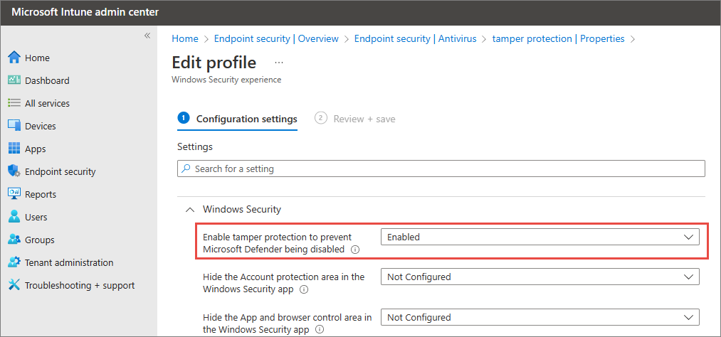 Screenshot showing Windows Security settings with tamper protection enabled.