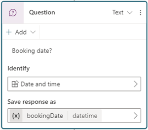 Screenshot of a Question node with a date and time entity chosen and a variable set.