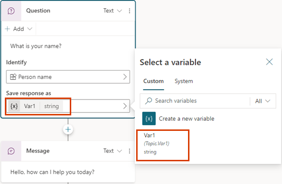 Screenshot of a Question node with a variable named Var1 highlighted.