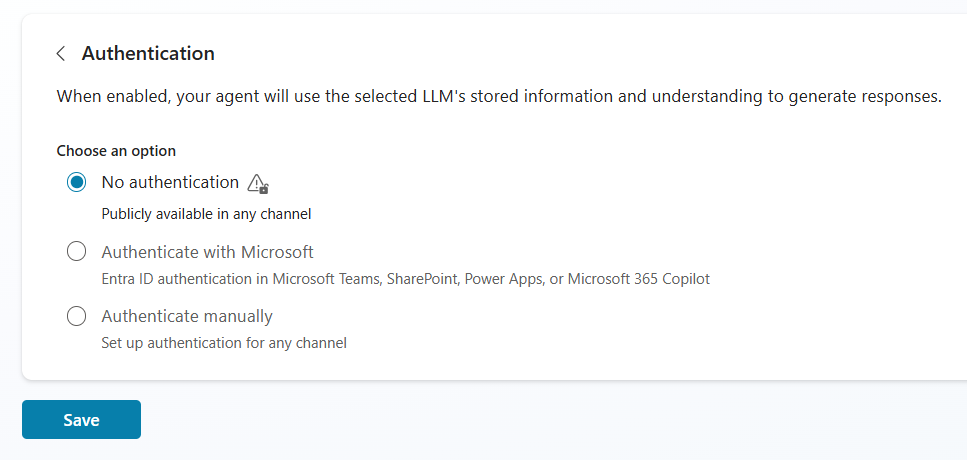 Screenshot of the No Authentication security setting enabled for an agent in Copilot Studio.