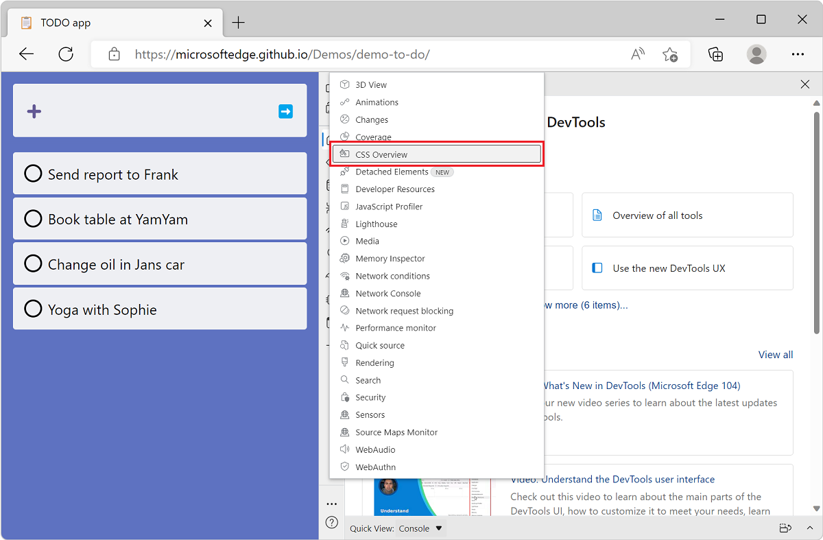 Microsoft Edge, with the TODO list demo app, and DevTools next to it, showing the list of tools from the More Tools button