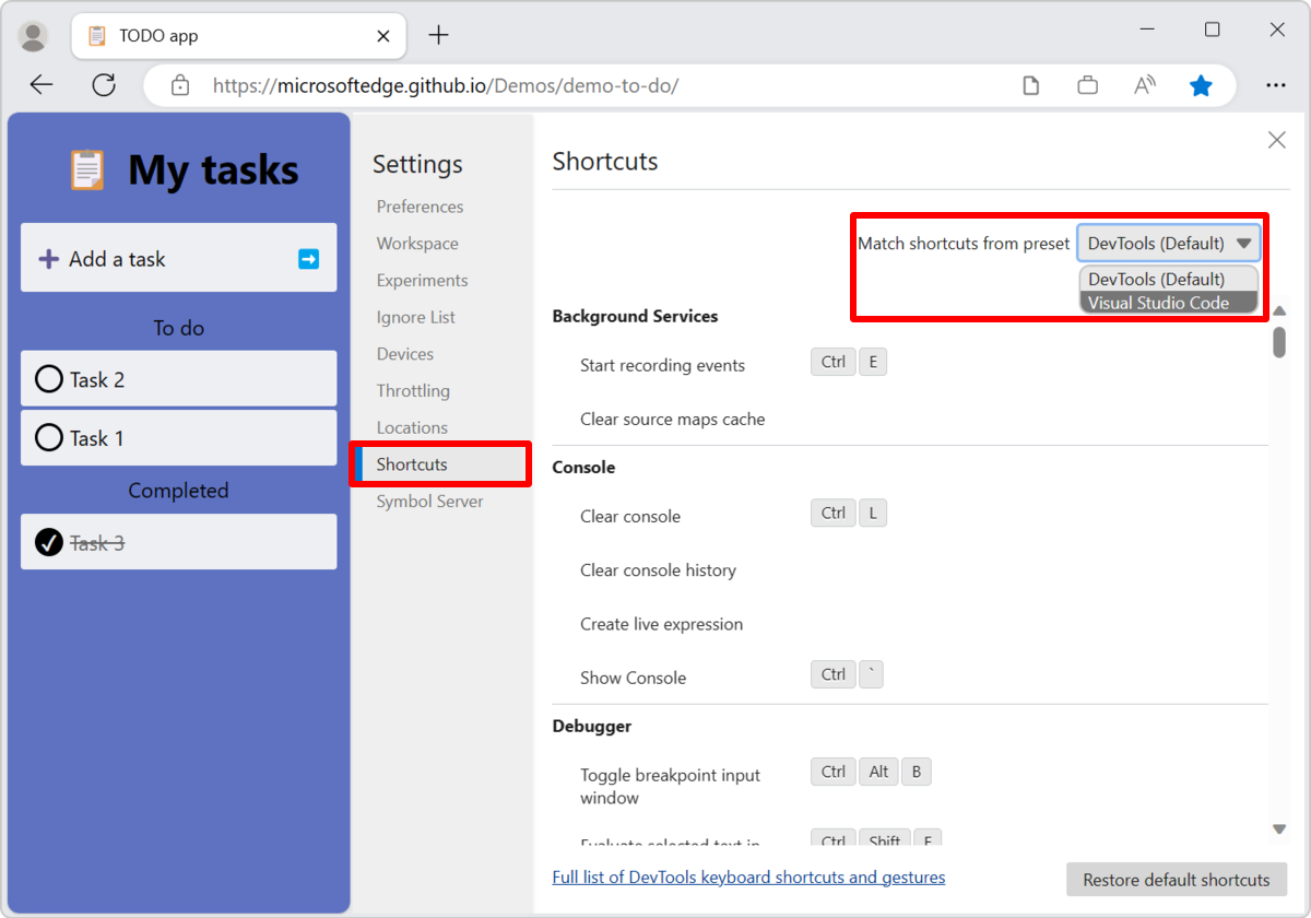Matching keyboard shortcuts in DevTools to Visual Studio Code