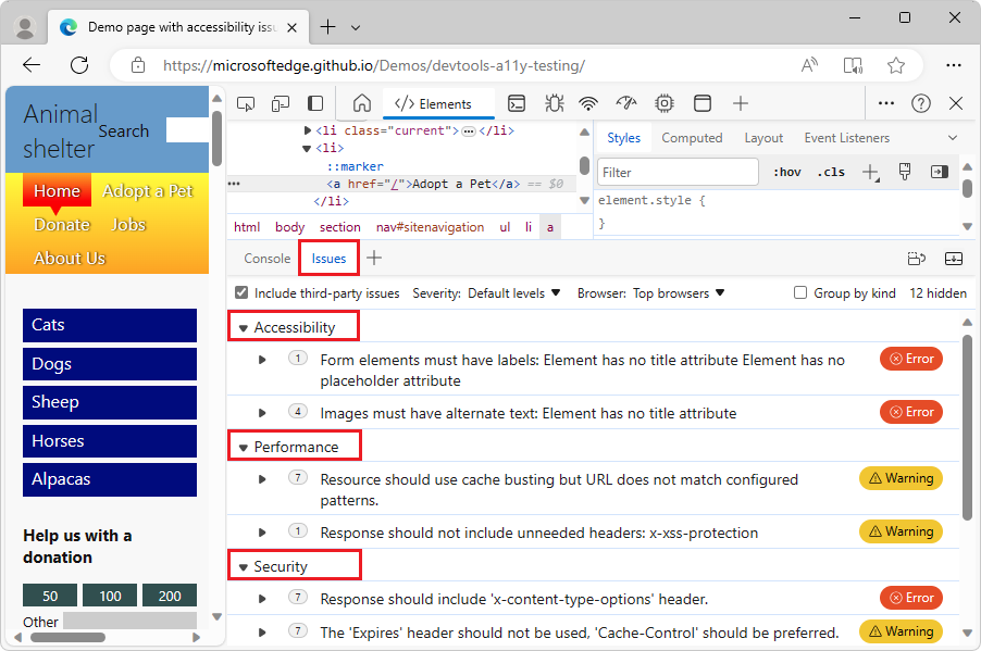 Categories of issues in the Issues tool on the demo page