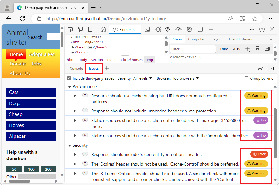 The Issues tool displays Performance issues sorted by severity