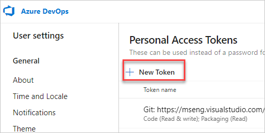 The 'Personal Access Tokens' page in Azure DevOps