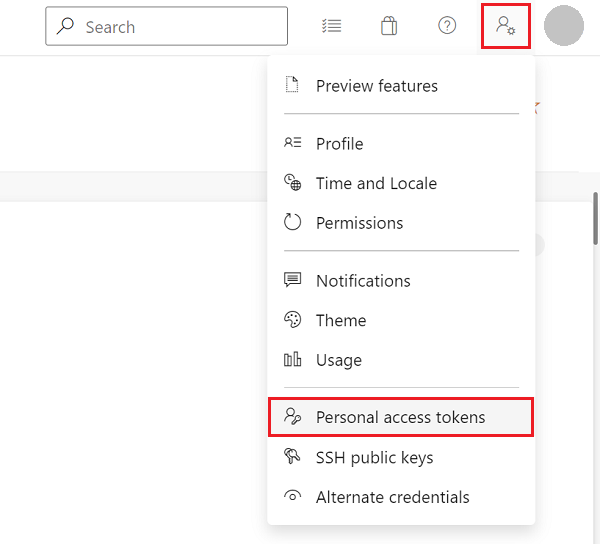 The 'User settings' menu in Azure DevOps, with the 'Personal access tokens' command