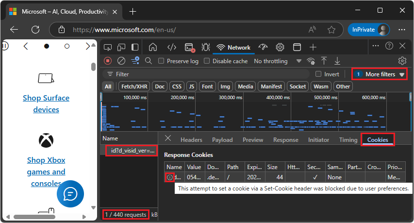 The Requests table shows only the requests with blocked response cookies